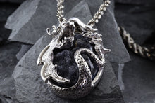 Load image into Gallery viewer, Handmade  Sterling Silver Dragon Pendant With 1 Oval  Psilomelane Druzy On A 18 Sterling Silver Rope Chain, View #2
