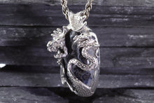 Load image into Gallery viewer, Handmade  Sterling Silver Dragon Pendant With 1 Oval  Psilomelane Druzy On A 18 Sterling Silver Rope Chain, View #3
