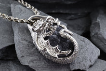 Load image into Gallery viewer, Handmade  Sterling Silver Dragon Pendant With 1 Oval  Psilomelane Druzy On A 18 Sterling Silver Rope Chain, View #4
