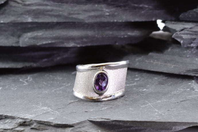 White Sterling Silver Satin & Polished Contemporary Ring With One Bezel Set Oval Amethyst, View #1