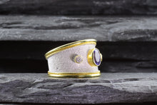 Load image into Gallery viewer, Lady&#39;s Two Tone 18 Karat Satin &amp; Polished Contemporary Fashion Ring With 1 Oval Tanzanite And 2 Round Diamonds View #5
