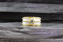 Load image into Gallery viewer, Lady&#39;s Two Tone 18 Karat Satin &amp; Polished Contemporary Fashion Ring With One Blue Round Diamond, View #4
