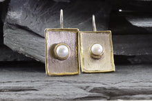 Load image into Gallery viewer, Lady&#39;s Two Tone Sterling Silver Satin &amp; Polished Drop Earrings With Mabe&#39; 2 Pearls, View #1
