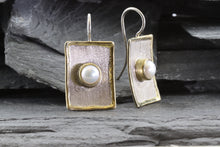 Load image into Gallery viewer, Lady&#39;s Two Tone Sterling Silver Satin &amp; Polished Drop Earrings With Mabe&#39; 2 Pearls, View #2
