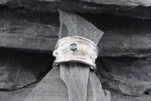Load image into Gallery viewer, Lady&#39;s White 18 K Satin &amp; Polished Contemporary Fashion Ring With One Blue Diamond and Two Round White Diamonds, View #1
