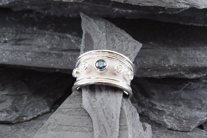 Lady's White 18 K Satin & Polished Contemporary Fashion Ring With One Blue Diamond and Two Round White Diamonds, View #1