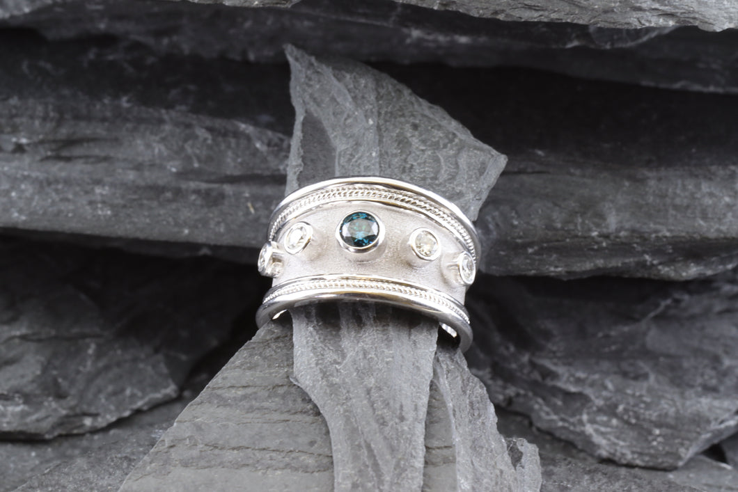 Lady's White 18 K Satin & Polished Contemporary Fashion Ring With One Blue Diamond and Two Round White Diamonds, View #1