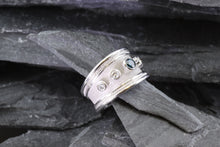 Load image into Gallery viewer, Lady&#39;s White 18 K Satin &amp; Polished Contemporary Fashion Ring With One Blue Diamond and Two Round White Diamonds, View #2
