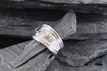 Load image into Gallery viewer, Lady&#39;s White 18 K Satin &amp; Polished Contemporary Fashion Ring With One Blue Diamond and Two Round White Diamonds, View #3
