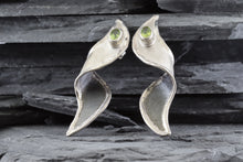 Load image into Gallery viewer, Lady&#39;s White Sterling Silver Satin &amp; Polished Contemporary Earrings Bezel Set With 2 Oval Peridots, View #1

