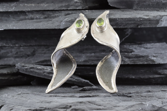 Lady's White Sterling Silver Satin & Polished Contemporary Earrings Bezel Set With 2 Oval Peridots, View #1