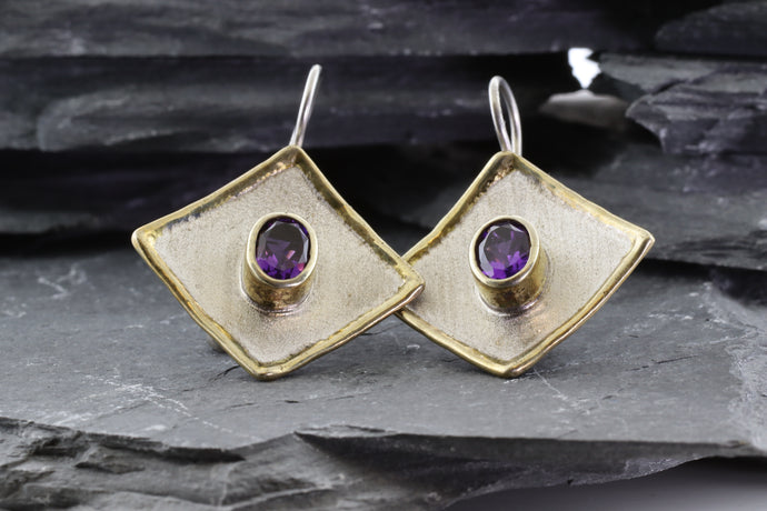 Lady's White Sterling Silver Satin & Polished Contemporary Earrings With Oval Amethysts, View #1