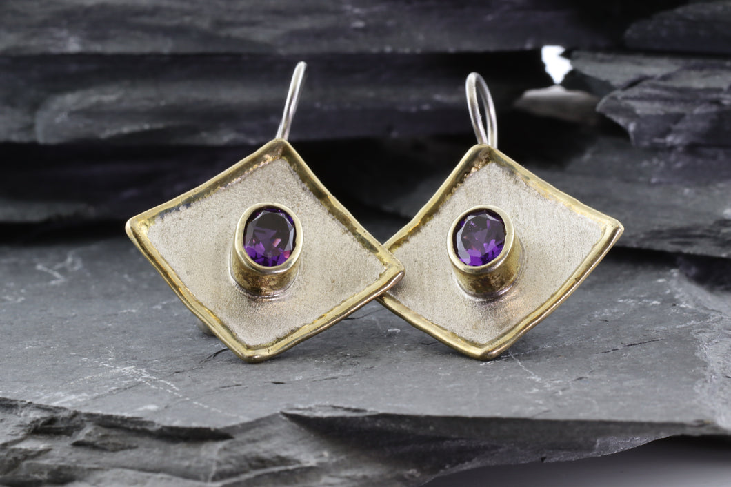 Lady's White Sterling Silver Satin & Polished Contemporary Earrings With Oval Amethysts, View #1