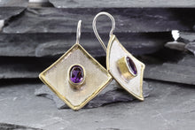 Load image into Gallery viewer, Lady&#39;s White Sterling Silver Satin &amp; Polished Contemporary Earrings With Oval Amethysts, View #2
