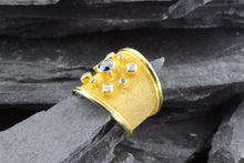 Load image into Gallery viewer, Lady&#39;s Y 18 Karat Satin &amp; Polished Contemporary Fashion Ring With Round Blue Diamonds And Princess Cut Diamonds, View #3
