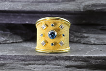 Load image into Gallery viewer, Lady&#39;s Y 18 Karat Satin &amp; Polished Contemporary Fashion Ring With Round Blue Diamonds And Princess Cut Diamonds, View #4
