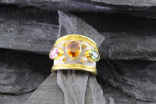 Load image into Gallery viewer, Lady&#39;s Yellow 18 K Satin &amp; Polished Contemporary Fashion Ring With Colored Sapphires And Round Diamonds, View #1
