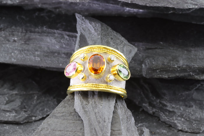 Lady's Yellow 18 K Satin & Polished Contemporary Fashion Ring With Colored Sapphires And Round Diamonds, View #1