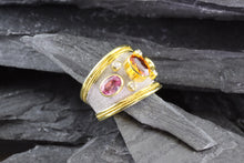 Load image into Gallery viewer, Lady&#39;s Yellow 18 K Satin &amp; Polished Contemporary Fashion Ring With Colored Sapphires And Round Diamonds, View #2
