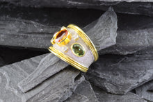 Load image into Gallery viewer, Lady&#39;s Yellow 18 K Satin &amp; Polished Contemporary Fashion Ring With Colored Sapphires And Round Diamonds, View #3
