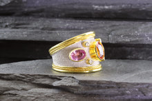 Load image into Gallery viewer, Lady&#39;s Yellow 18 K Satin &amp; Polished Contemporary Fashion Ring With Colored Sapphires And Round Diamonds, View #5
