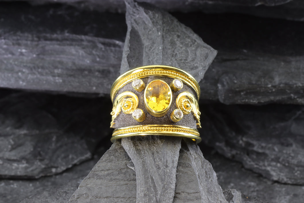 Lady's Yellow 18 K Satin & Polished Contemporary Fashion Ring With One Yellow Sapphire And Four Round Diamonds, View #1