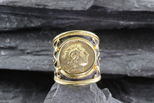 Load image into Gallery viewer, Lady&#39;s Yellow 18 Karat Satin And Polished Contemporary Fashion Ring With 4 Diamonds, View #1
