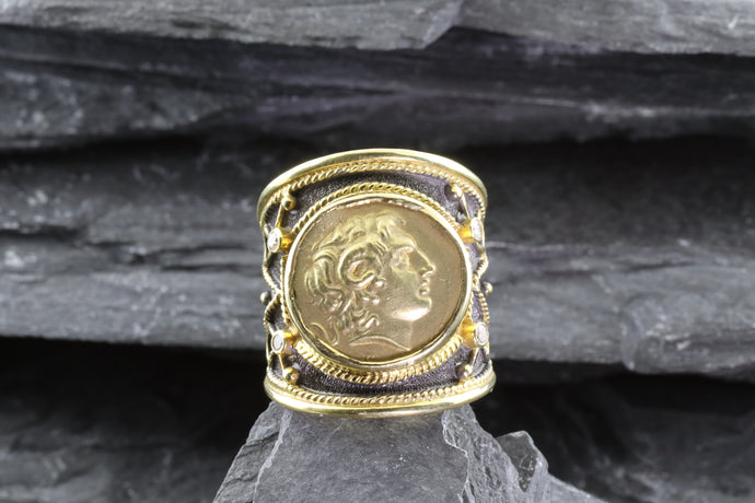 Lady's Yellow 18 Karat Satin And Polished Contemporary Fashion Ring With 4 Diamonds, View #1