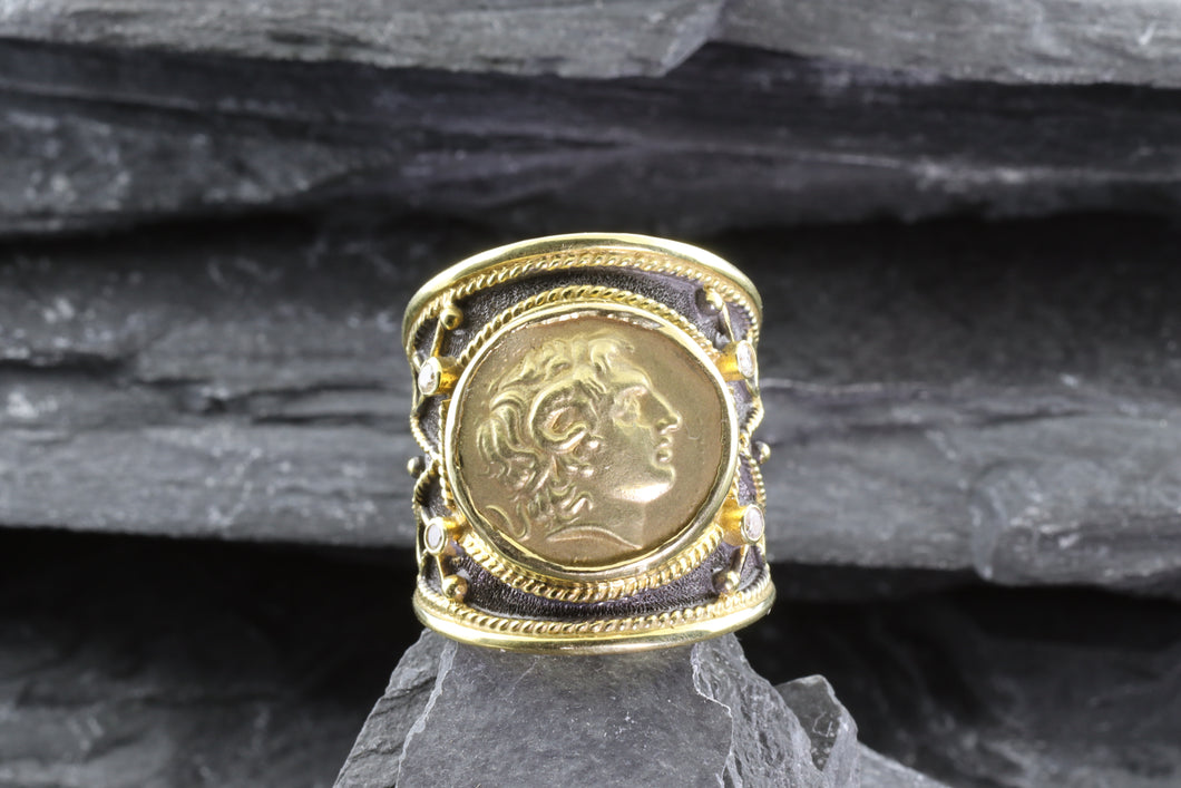 Lady's Yellow 18 Karat Satin And Polished Contemporary Fashion Ring With 4 Diamonds, View #1