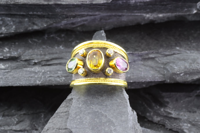 Lady's Yellow 18 Karat Satin & Polished Contemporary Fashion Ring With 3 Oval Colored Sapphires And 4 Round Diamonds View #1