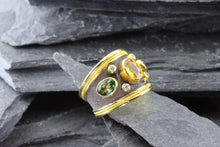 Load image into Gallery viewer, Lady&#39;s Yellow 18 Karat Satin &amp; Polished Contemporary Fashion Ring With 3 Oval Colored Sapphires And 4 Round Diamonds View #2
