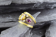 Load image into Gallery viewer, Lady&#39;s Yellow 18 Karat Satin &amp; Polished Contemporary Fashion Ring With 3 Oval Colored Sapphires And 4 Round Diamonds View #3
