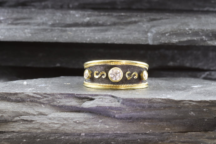 Lady's Yellow 18 Karat Satin & Polished Contemporary Fashion Ring With 3 Round Diamonds, View #1