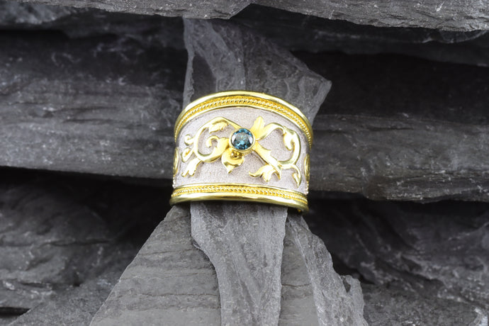 Lady's Yellow 18 Karat Satin & Polished Contemporary Fashion Ring With One Round Blue Diamond, View #1