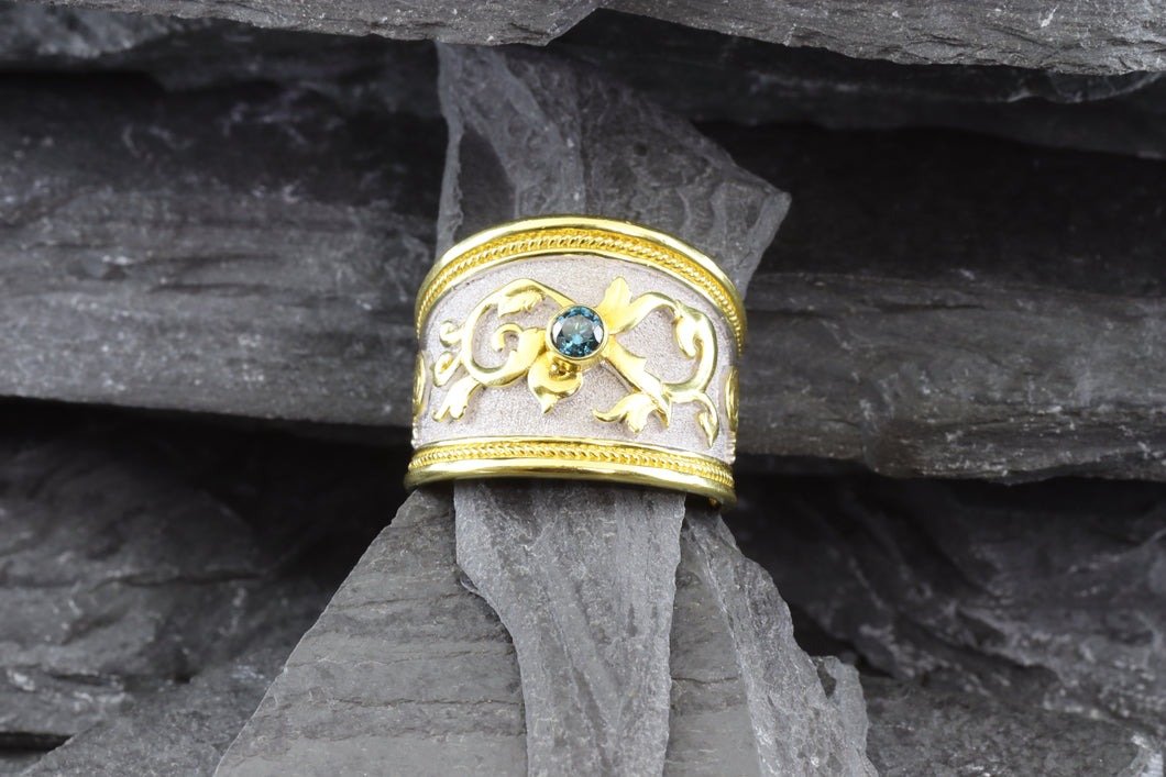 Lady's Yellow 18 Karat Satin & Polished Contemporary Fashion Ring With One Round Blue Diamond, View #1