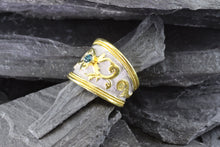 Load image into Gallery viewer, Lady&#39;s Yellow 18 Karat Satin &amp; Polished Contemporary Fashion Ring With One Round Blue Diamond, View #3
