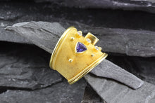 Load image into Gallery viewer, Lady&#39;s Yellow 18 Karat Satin &amp; Polished Contemporary Fashion Ring With Two Tanzanite and 3 Diamonds, View #3
