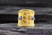 Load image into Gallery viewer, Lady&#39;s Yellow 18 Karat Satin &amp; Polished Contemporary Fashion Ring With Two Tanzanite and 3 Diamonds, View #4
