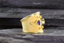 Load image into Gallery viewer, Lady&#39;s Yellow 18 Karat Satin &amp; Polished Contemporary Fashion Ring With Two Tanzanite and 3 Diamonds, View #5
