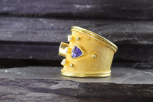 Load image into Gallery viewer, Lady&#39;s Yellow 18 Karat Satin &amp; Polished Contemporary Fashion Ring With Two Tanzanite and 3 Diamonds, View #6

