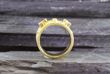 Load image into Gallery viewer, Lady&#39;s Yellow 18 Karat Satin &amp; Polished Contemporary Fashion Ring With Two Tanzanite and 3 Diamonds, View #7
