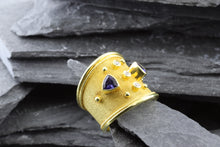 Load image into Gallery viewer, Lady&#39;s Yellow 18 Karat Satin &amp; Polished Contemporary Fashion Ring With Two Tanzanite and 3 Diamonds, View #2
