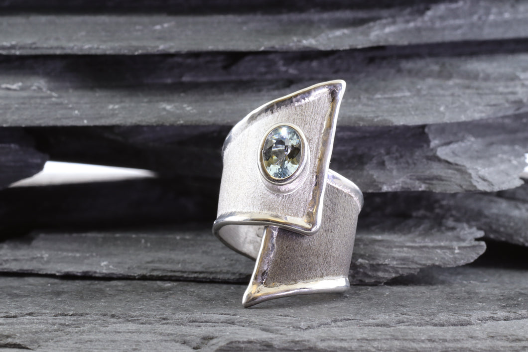 White Sterling Silver Satin & Polished Contemporary Ring With One Oval Aquamarine, View #1