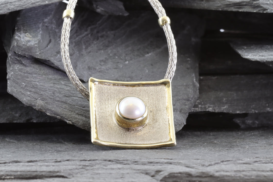 Two Tone Sterling Silver Satin & Polished Bezel Set Pendant With One Mabe' Pearl, View #1