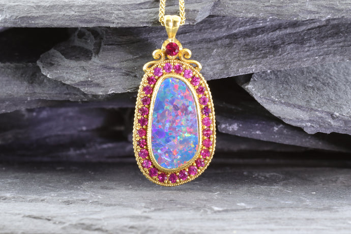 Opal Doublet Bezel Set, 22k Yellow Gold, Round Natural Rubies; Top Of Pendant Round Ruby. 18k Yellow Gold 16