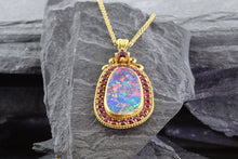 Load image into Gallery viewer, Opal Doublet Bezel Set, 22k Yellow Gold, Round Natural Rubies; Top Of Pendant Round Ruby. 18k Yellow Gold 16&quot; Wheat Chain, View #2
