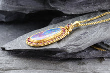 Load image into Gallery viewer, Opal Doublet Bezel Set, 22k Yellow Gold, Round Natural Rubies; Top Of Pendant Round Ruby. 18k Yellow Gold 16&quot; Wheat Chain, View #4
