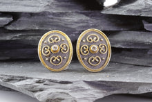 Load image into Gallery viewer, Ornate 18K Gold Plated, Blackened Sterling Silver Earring, View #1
