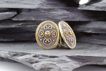 Load image into Gallery viewer, Ornate 18K Gold Plated, Blackened Sterling Silver Earring, View #2
