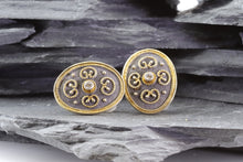 Load image into Gallery viewer, Ornate 18K Gold Plated, Blackened Sterling Silver Earring, View #3
